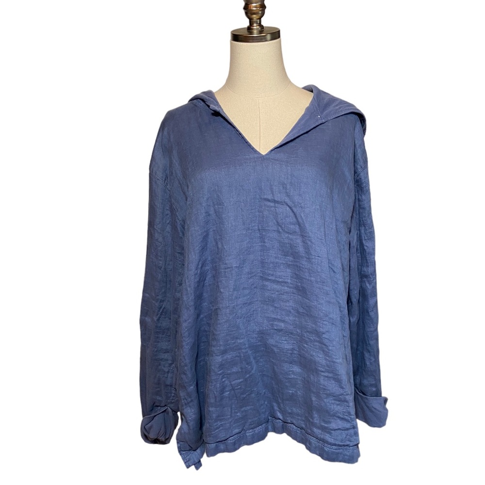 J.Jill Linen Hooded Shirt Hoodie Cornflower Blue Long Sleeve Sweater Sweatshirt